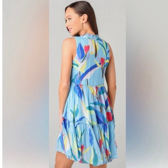 Tuckernuck Oliphant Blue Floral Tropical Ruffle Tiered Mini Dress Size Large - Picture 2 of 6